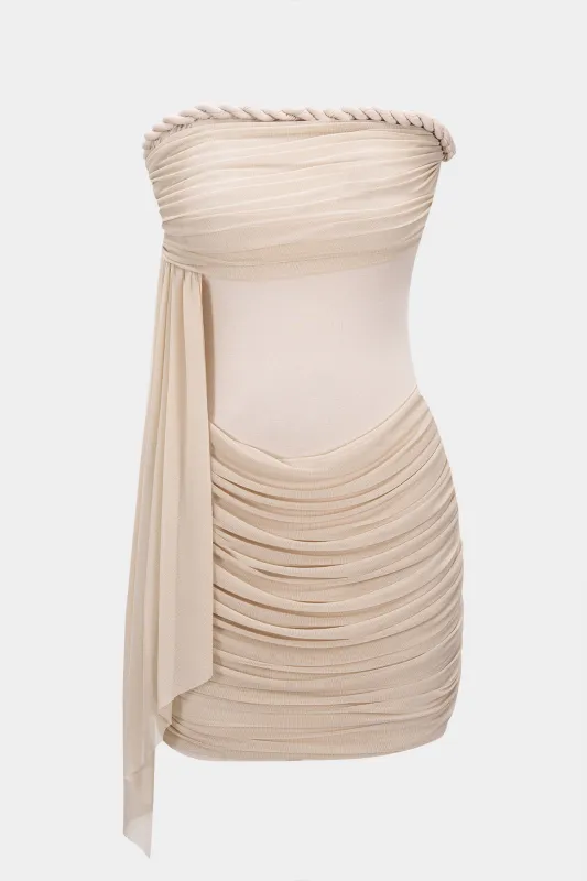 Mesh Patchwork Asymmetrical Strappy Ruched Sleeveless Mini Dress sold by Micas