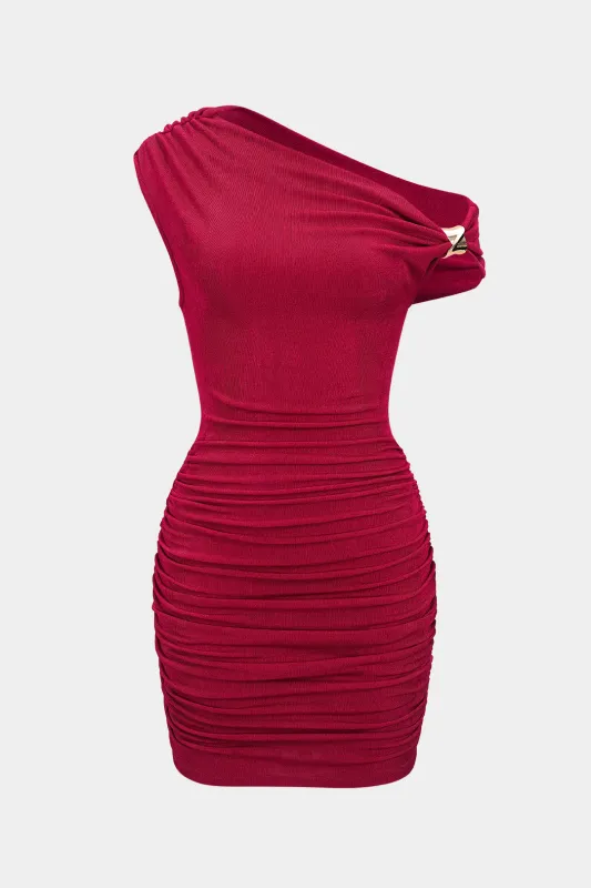 Metallic Ruched One Shoulder Sleeveless Mini Dress sold by Micas