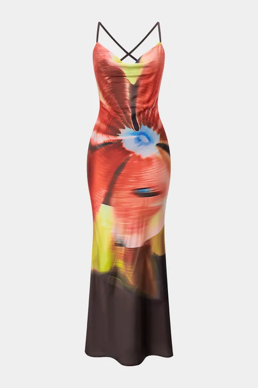 Tie Dye Print Satin Draped Cowl Neck Sleeveless Maxi Dress sold by Micas