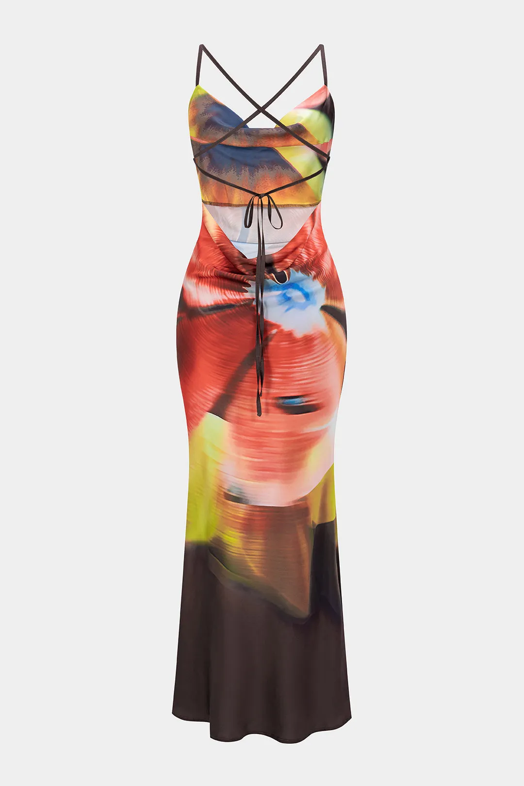 Tie Dye Print Satin Draped Cowl Neck Sleeveless Maxi Dress sold by Micas product image thumbnail 2
