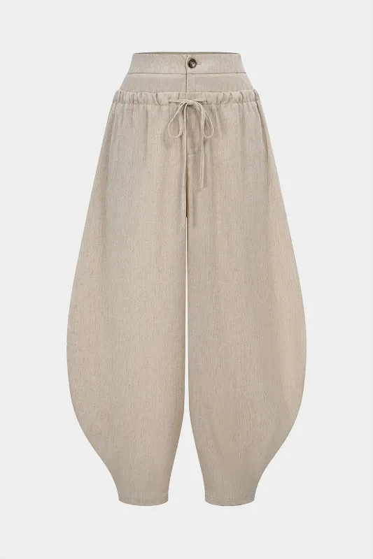 Linen Tie-Up Double Waistband Ruched Pants sold by Micas