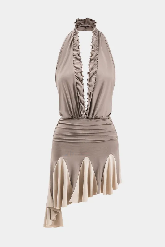 Halter Neck Scallop Edge Backless Asymmetrical Ruched Sleeveless Mini Dress sold by Micas