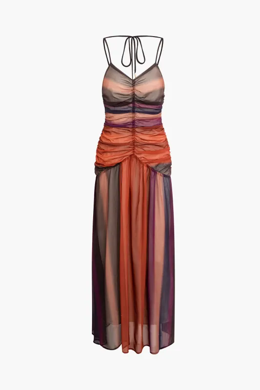 Ombre Print Ruched Backless Tie Up Sleeveless Maxi Dress sold by Micas
