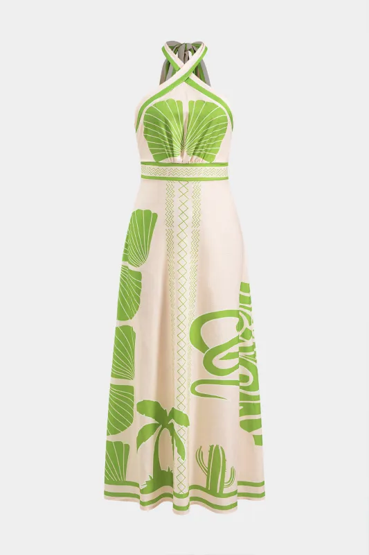Leaves Print Halter Neck Tie-Up Sleeveless Midi Dress sold by Micas