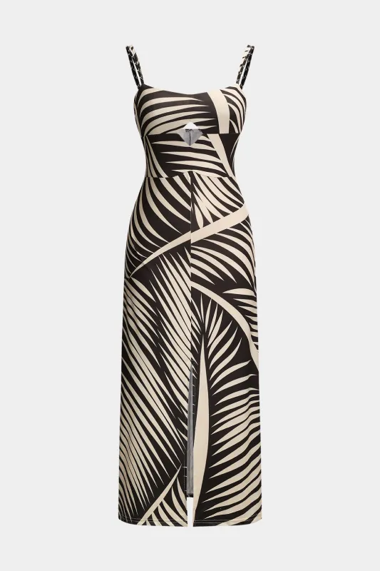 Stripes Palm Leaf Print Slit Hollow Out Sleeveless Midi Dress sold by Micas