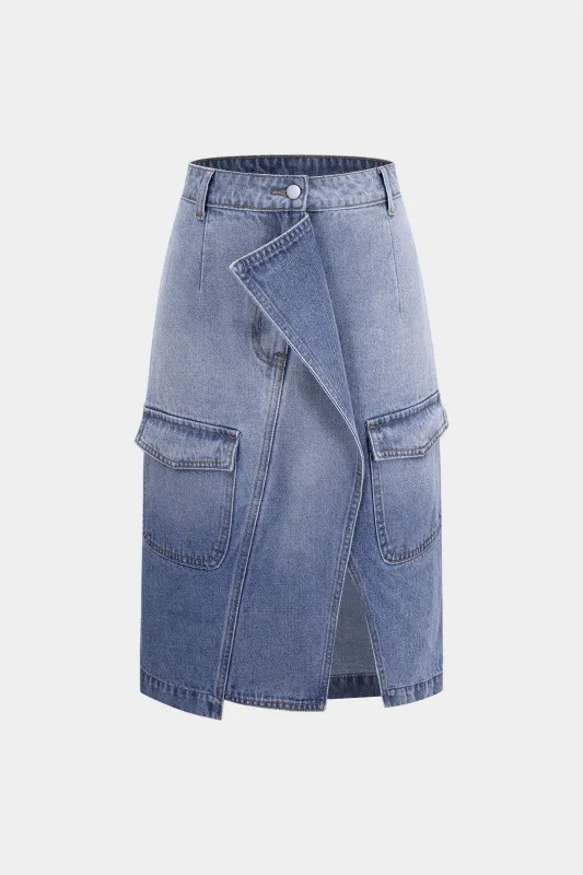 Denim Asymmetrical Split Pocket Skirt sold by Micas