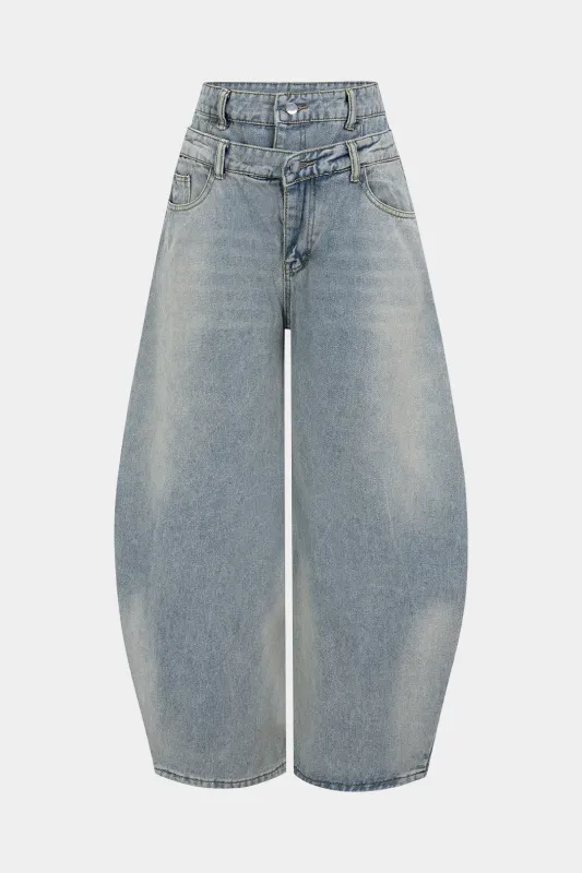 Denim Double Waistband Barrel Jeans sold by Micas