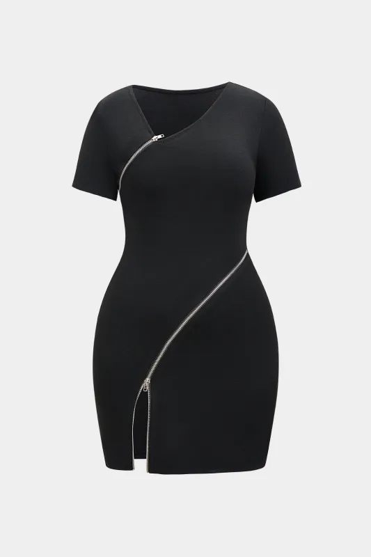 Plus Size Asymmetrical Zipper Short Sleeve Mini Dress sold by Micas