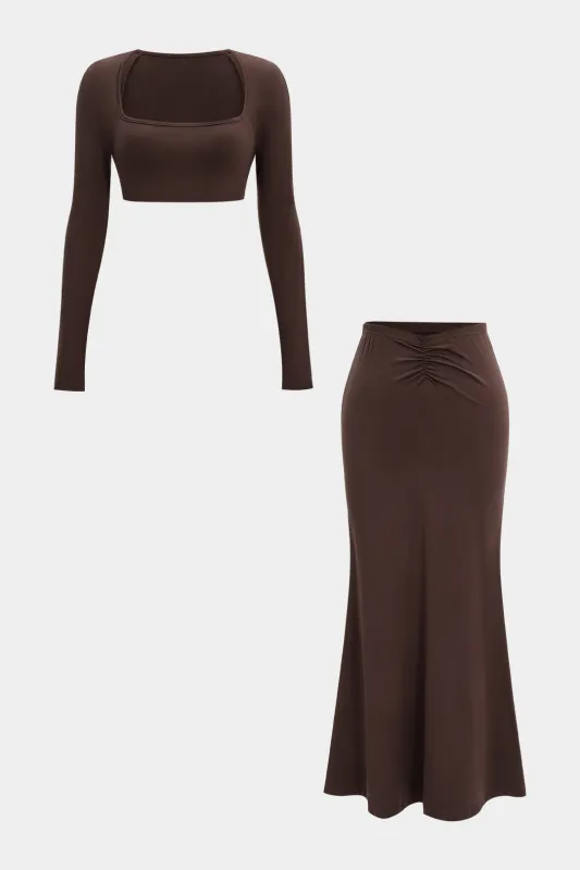 Square Neck Long Sleeve Cropped Top And Ruched Skirt Set sold by Micas