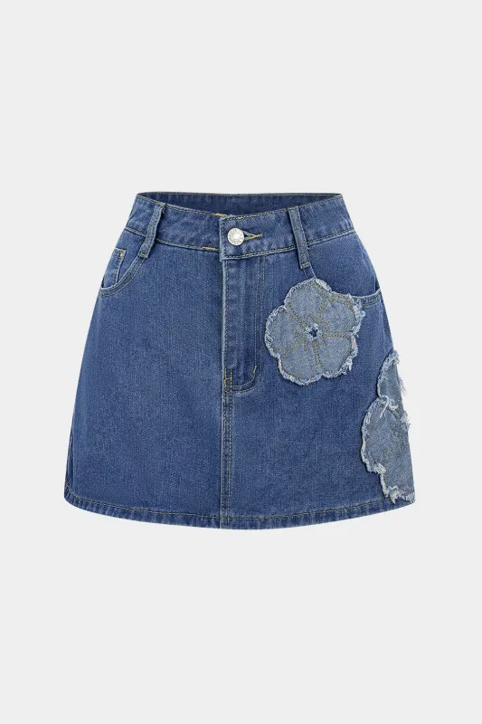 Denim Flower Applique High Waist Skirt sold by Micas