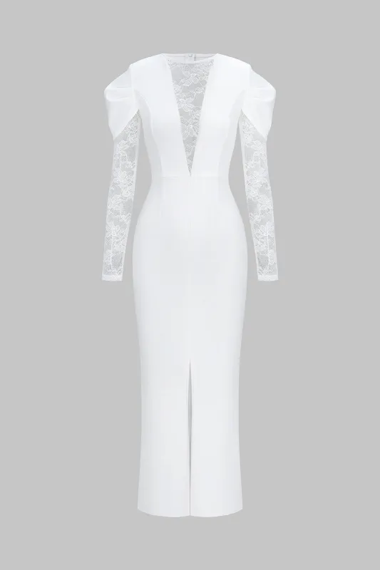 Sheer Lace Patchwork Round Neck Long Sleeve Maxi Dress sold by Micas