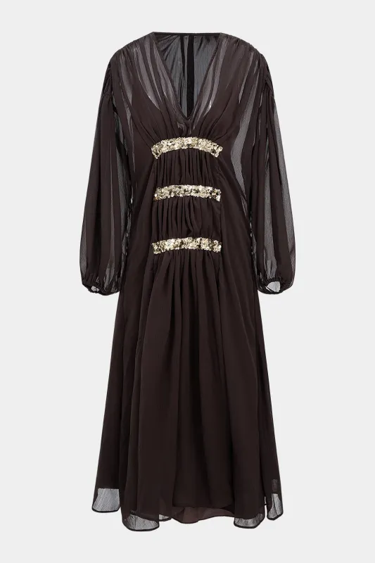 Mesh Sequin Decor V-Neck Ruched Long Sleeve Maxi Dress sold by Micas