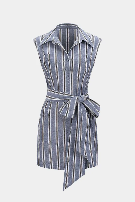 Stripes Print Tie-Up Lapel Sleeveless Midi Dress sold by Micas