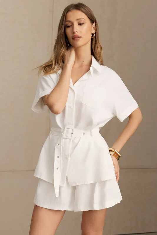 Belted Lapel Pocket Short Sleeve Shirt And High Waist Wide Leg Shorts Set made by Micas