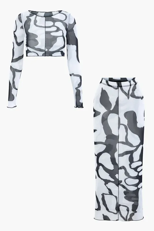 Mesh Artistic Print Round Neck Cropped Long Sleeve Top And High Waist Skirt Set sold by Micas