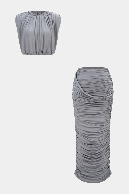 Ruched Round Neck Cropped Tank Top And High Waist Skirt Set sold by Micas