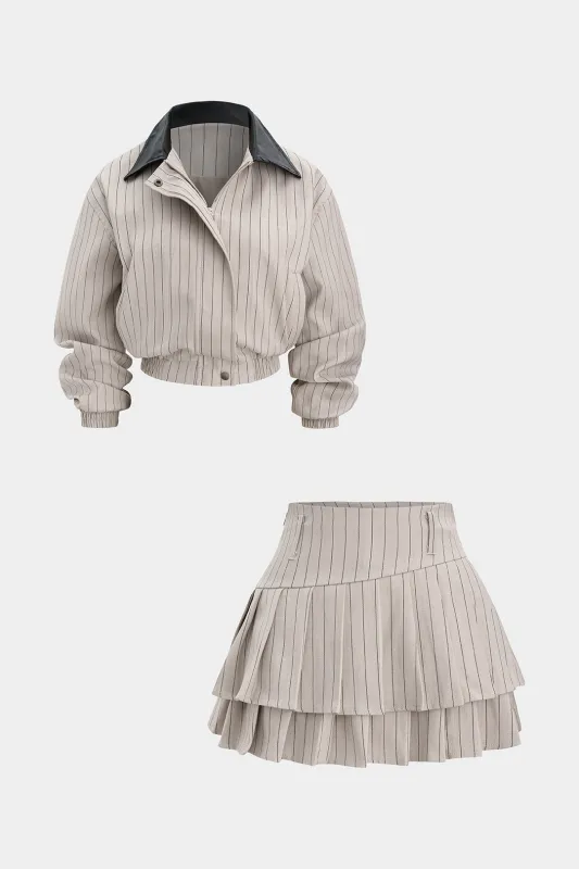 Conrtrast Stripes Print Faux Leather Lapel Jacket And Asymmetrical Pleated High Waist Skirt Set sold by Micas