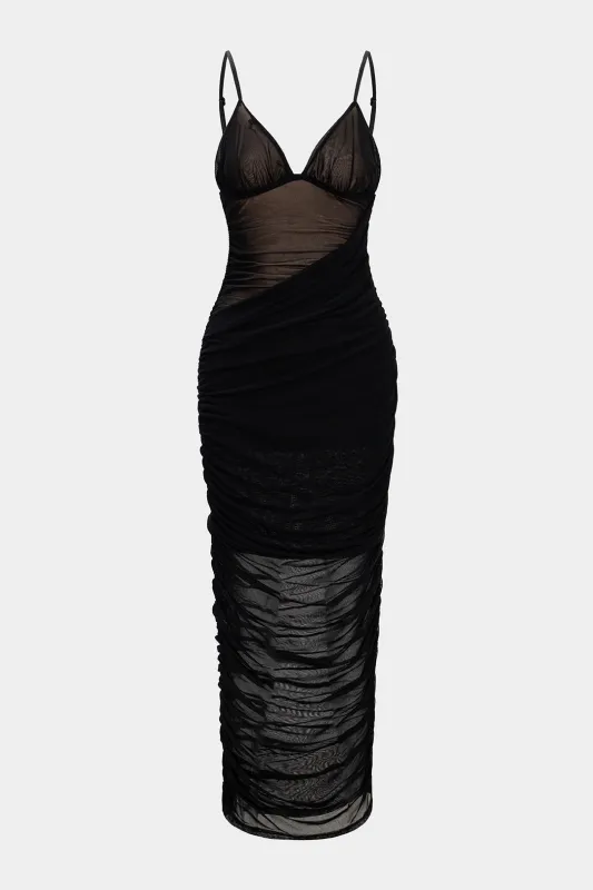 Mesh V-Neck Backless Ruched Slip Sleeveless Midi Dress sold by Micas