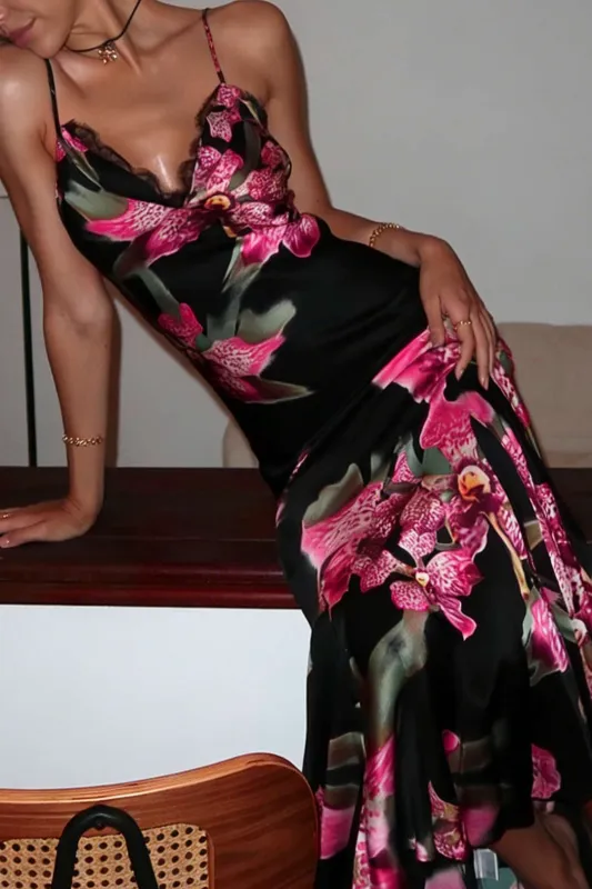 Floral Print Satin Patchwork Lce Trim V-Neck Slip Sleeveless Maxi Dress sold by Micas