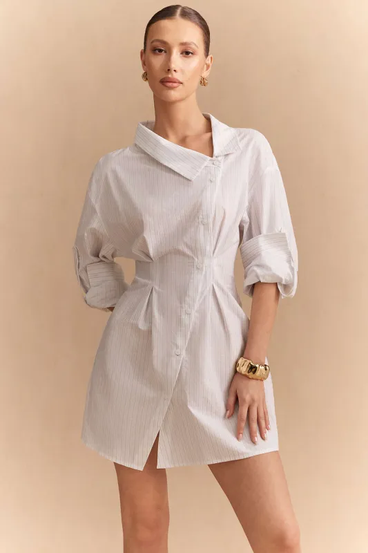 Asymmetrical Lapel Button Ruched Long Sleeve Mini Dress sold by Micas