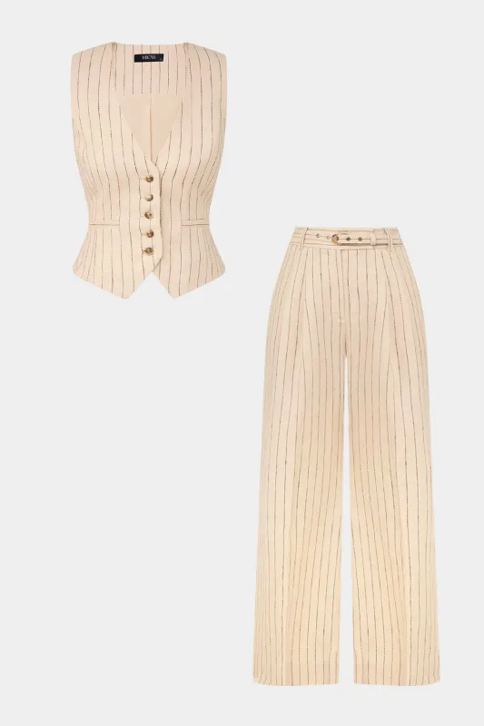 Stripes Print Linen Patchwork V-Neck Button Vest And Belted Wide Leg Pants Set made by Micas