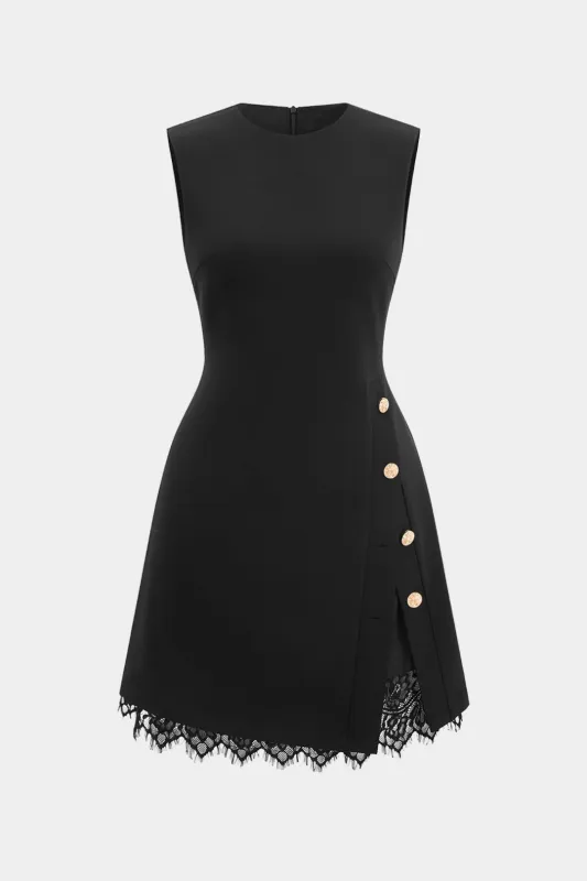 Lace Trim Patchwork Round Neck Button Sleeveless Mini Dress sold by Micas