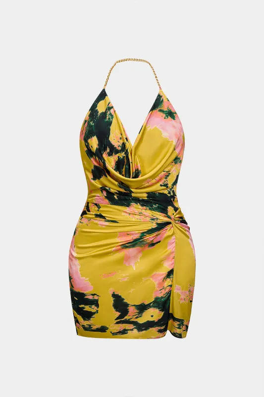 Plus Size Abstract Print Satin Metallic Halter Draped Cowl Neck Ruched Backless Sleeveless Mini Dress sold by Micas
