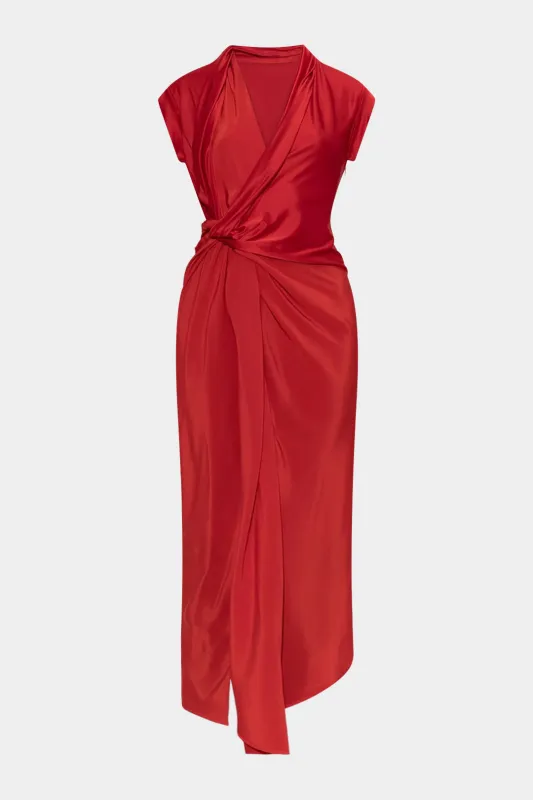 Satin Crossed V-Neck Ruched Asymmetrical Knotted Short Sleeve Maxi Dress sold by Micas