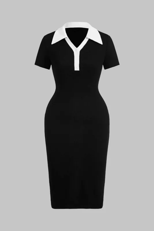 Plus Size Contrast Lapel V-Neck Short Sleeve Midi Dress sold by Micas