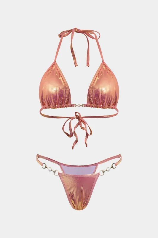 Halter Neck Tie-Up Pearl Chain Bikini Set sold by Micas