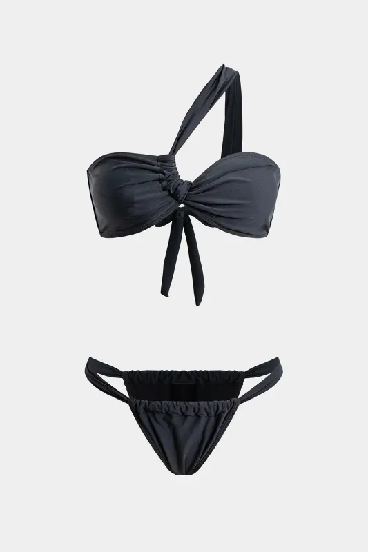 Asymmetrical Ruched Tie Up Bikini Set sold by Micas