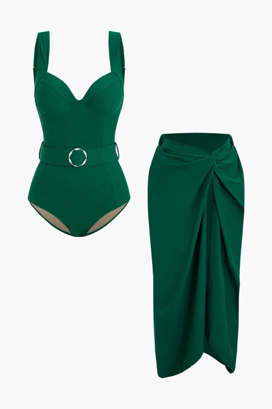 Metallic Decor Belt Asymmetrical Ruched Backless Bikini Set sold by Micas