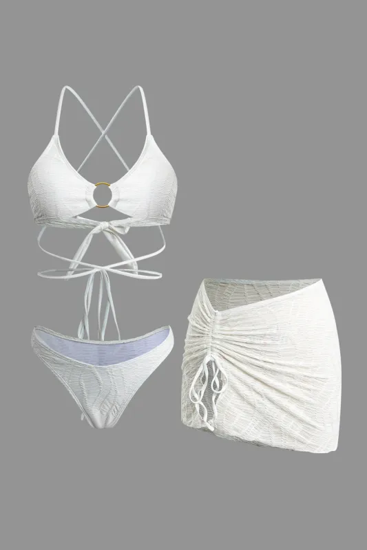 3PC Metallic Decor Halter Neck Tie Up Ruched Bikini Set sold by Micas