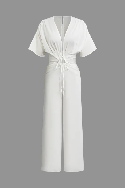 V-Neck Ruched Tie Up Batwing Short Sleeve Jumpsuit made by Micas