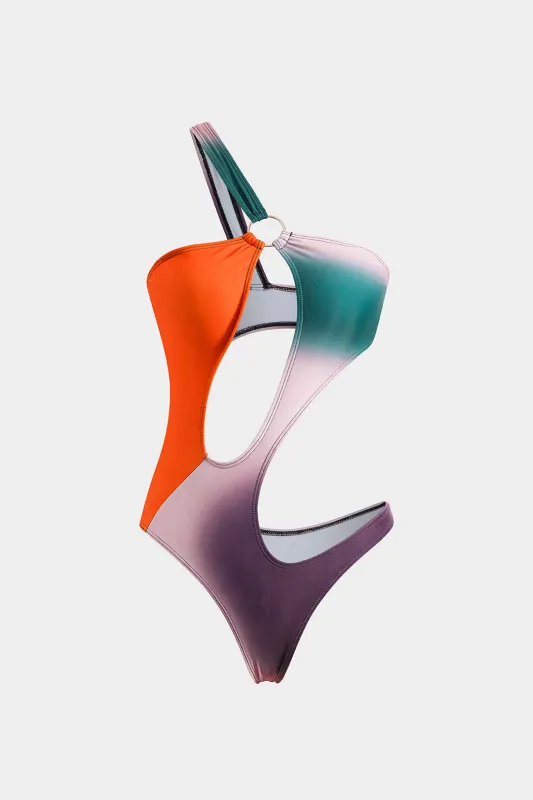 Ombre Print Metallic Asymmetrical Cut Out One-Piece Swimsuit sold by Micas