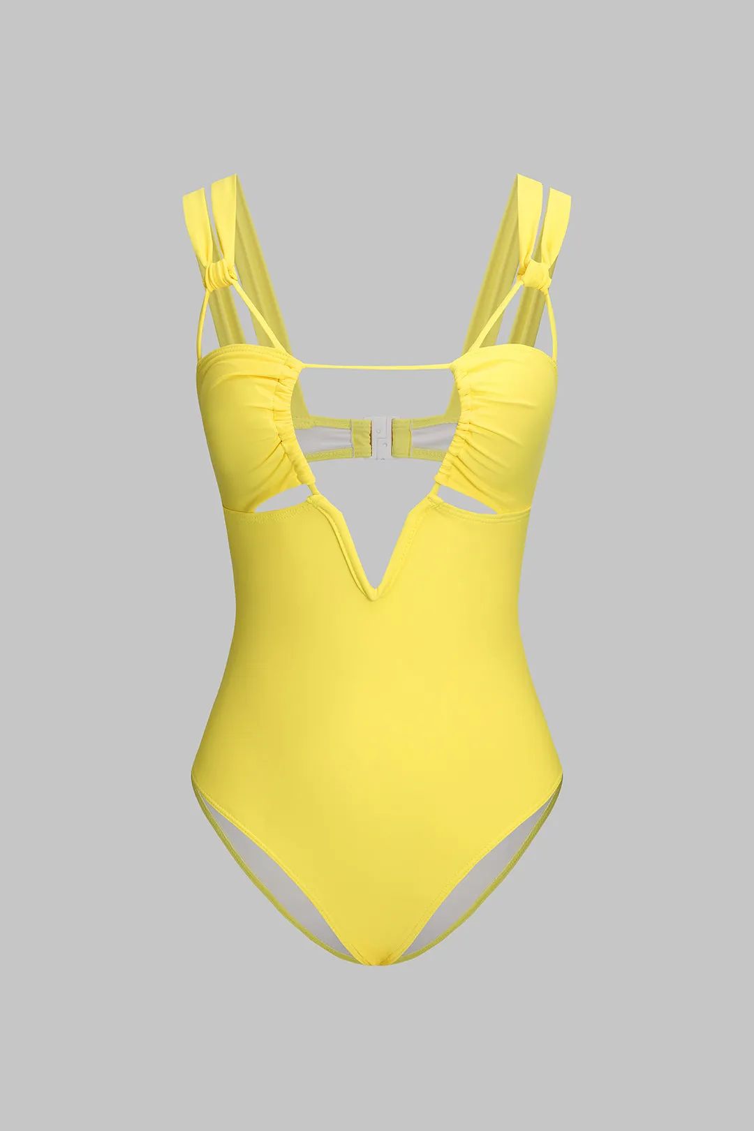 Solid Tie Up Ruched Cut Out Swimsuit sold by Micas