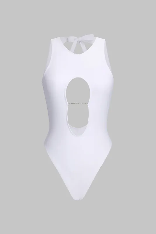 Solid Cut Out Tie Up Backless One-Piece Swimsuit sold by Micas