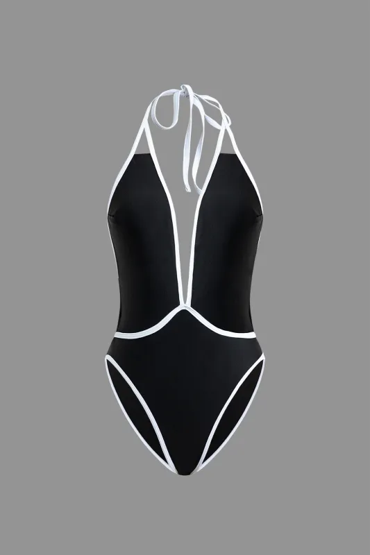 Contrast Halter Neck Tie Up Hollow Out One-Piece Swimsuit sold by Micas