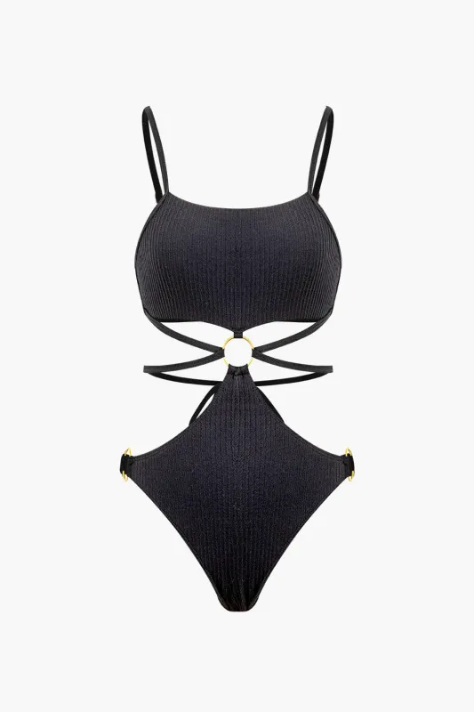 Metallic Asymmetrical Hollow-Out One-Piece Swimsuit sold by Micas