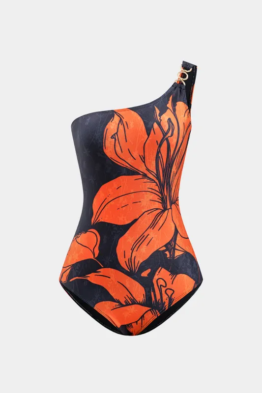 Floral Print Metallic One Shoulder Swimsuit sold by Micas