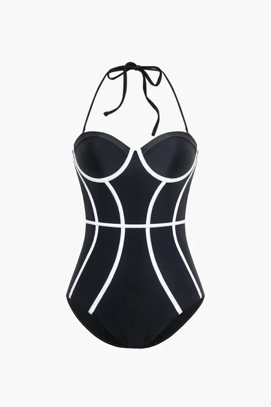Contrast Print Halter Neck Tie Up One-Piece Swimsuit sold by Micas