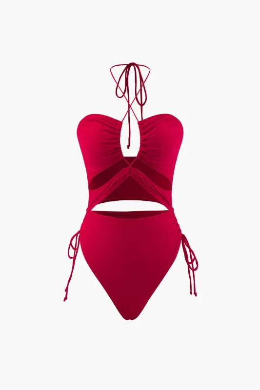 Halter Neck Crossed Tie Up Cut Out Ruched Swimsuit sold by Micas