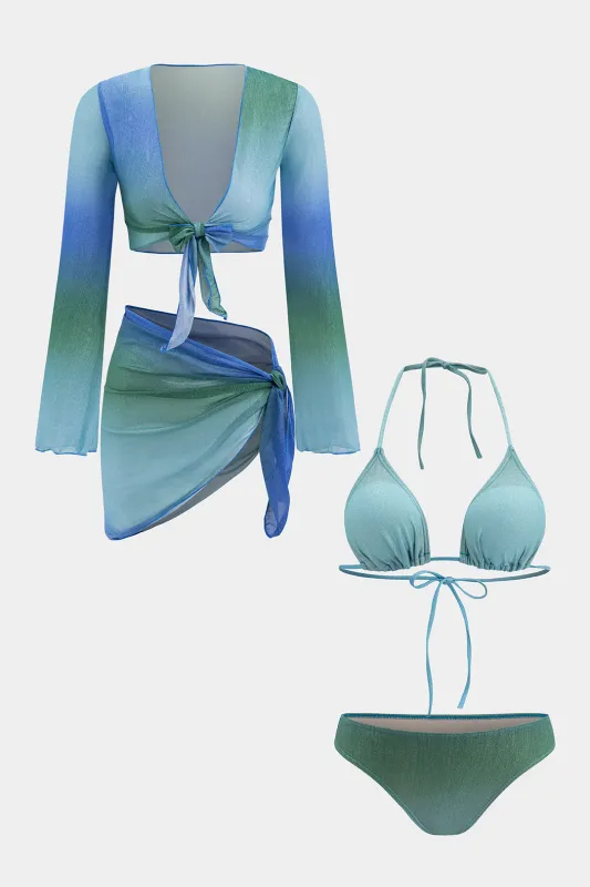 Tie Dye Print Halter Neck Tie Up Ruched Four-Piece Bikini Set sold by Micas