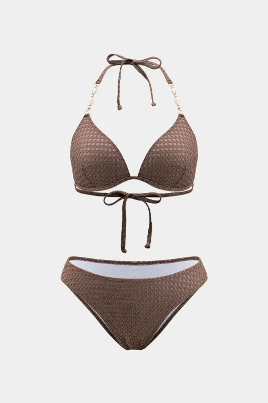 Metallic Shell Decoe Halter Neck Tie Up Bikini Set sold by Micas
