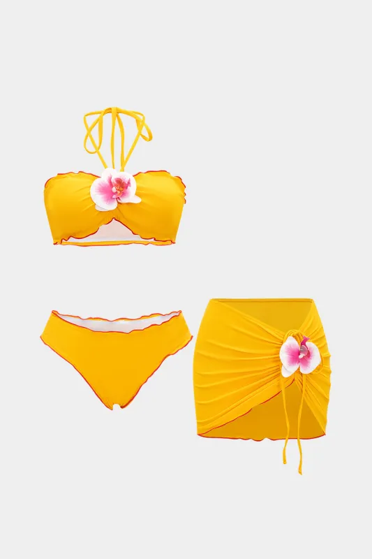3D Floral Decor Halter Neck Tie-Up Asymmetrical Three-Pieces Bikini Set sold by Micas