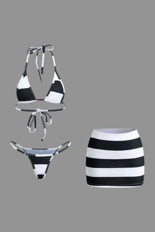 Contrast Print Halter Neck Tie Up Three-Piece Bikini Set sold by Micas