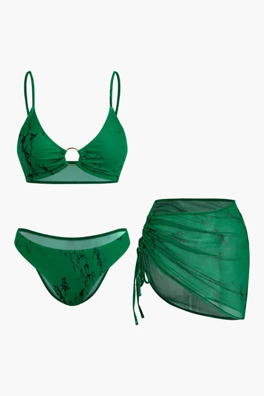 Abstract Print Drawstring Ruched Three-Pieces Bikini Set sold by Micas