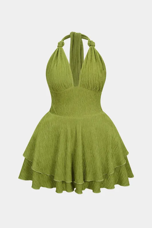 Plus Size Halter Neck Knotted Backless Sleeveless Mini Dress sold by Micas