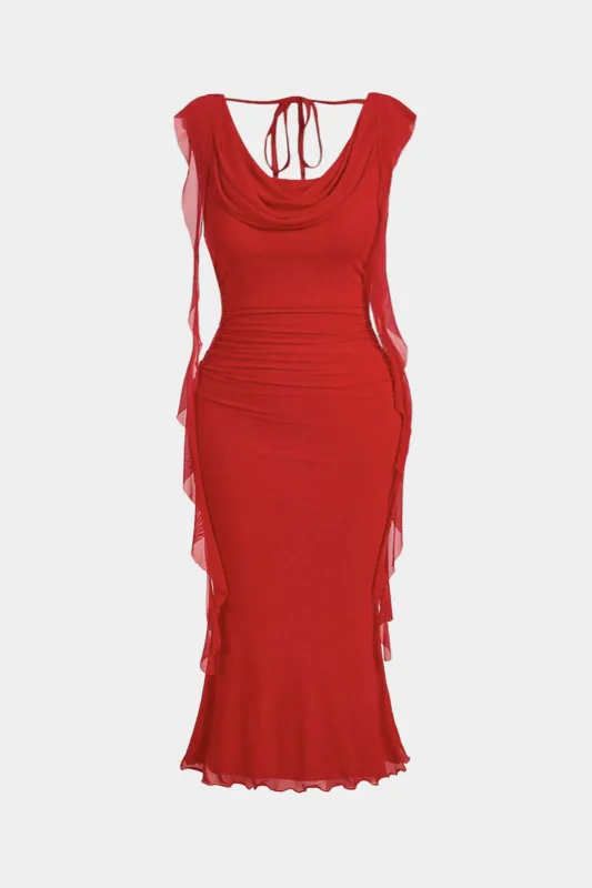 Plus Size Mesh Draped Cowl Neck Tie-Back Sleeveless Maxi Dress sold by Micas