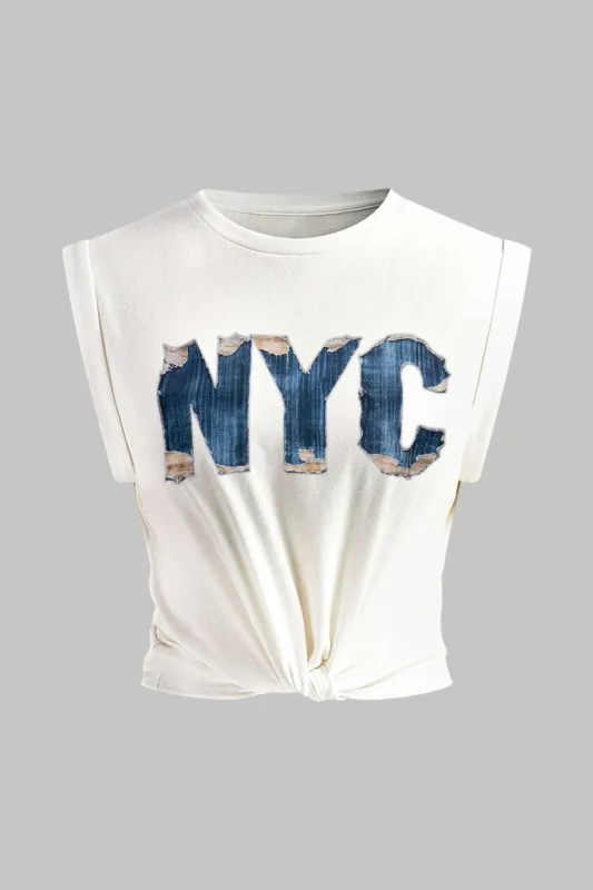 Plus Size Letter Print Round Neck Twist Knot Tank Top sold by Micas